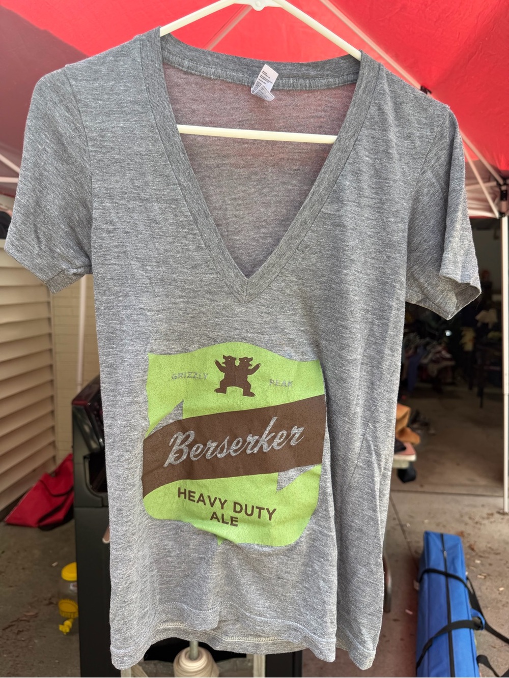 American Apparel Gray V-Neck T-Shirt with Green and Brown Berserker Graphic